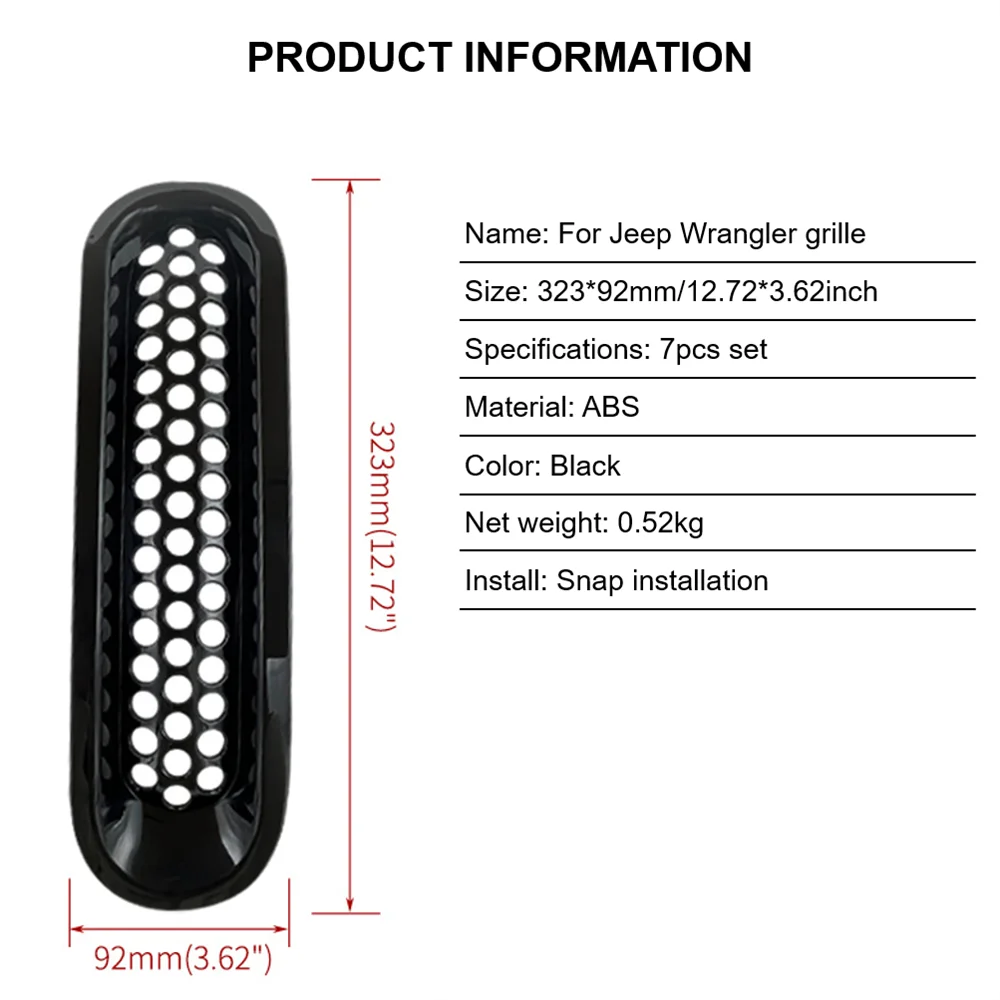 7PCS Car Front Bumper Racing Grills For Jeep JK Wrangler 2007-2017 Replacement Snap-On Black Grille Exterior Modification Parts - view 3