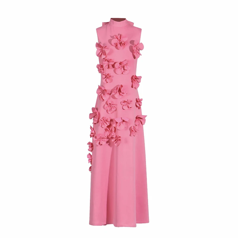 

2024 New Elegant Women Theater Concert Three-Dimensional Flowers Decoration Pink Polyester Fabric Sleeveless Zipper Long Dress