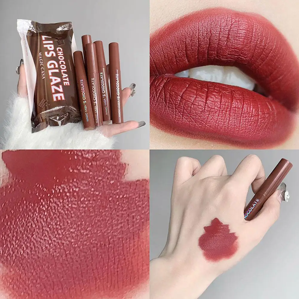 5 colori cioccolato smalto per labbra Set velluto opaco duraturo impermeabile antiaderente tazza lucidalabbra donne affascinanti cosmetici per il trucco di bellezza