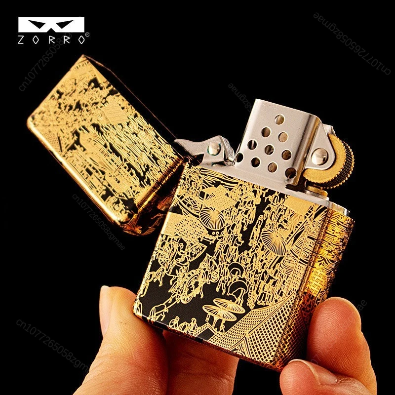 ZORRO Second Generation Kerosine Lighter Gilded Carving Craftsmanship Pure Copper Fine Carving Cigarette Lighter Men's Gift