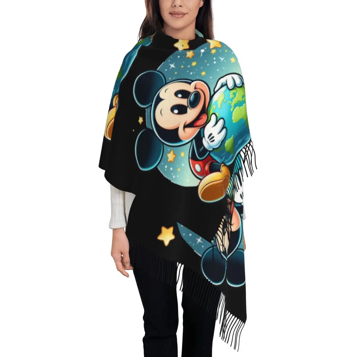 

Женский шарф с кисточками из мультфильма Микки Мауса на заказ, мягкая шаль, женские зимне-осенние шарфы