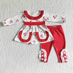 Baby Girl Christmas Clothing Long Sleeve Santa Claus Ruffle Pocket Red Cotton Pants Set Wholesale Infant Kid Fashion New Clothes