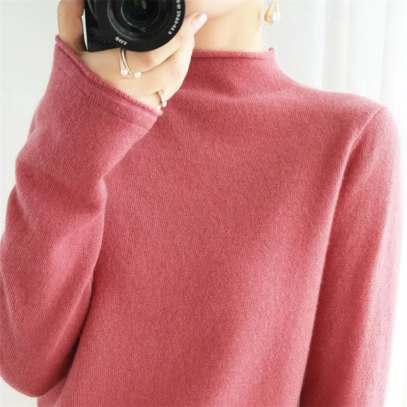 2024 Women Solid Half High Collar Cashmere Sweater Autumn Winter Loose Plus-Size Knitted Wool Casual Sweater Bottoming Shirt