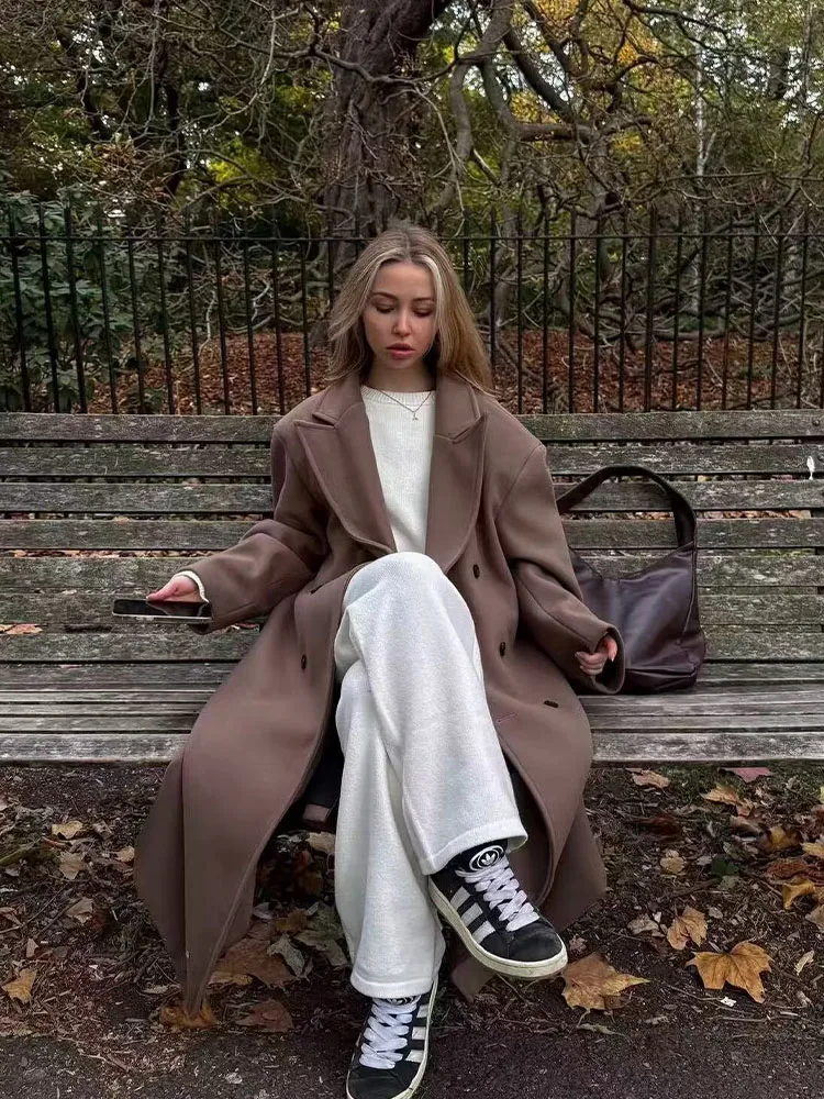 HH Woman Fashion Solid Long Sleeves Double Breasted Lapel Long Coat Female Versatile Casual Commuting Winter Long Overcoat