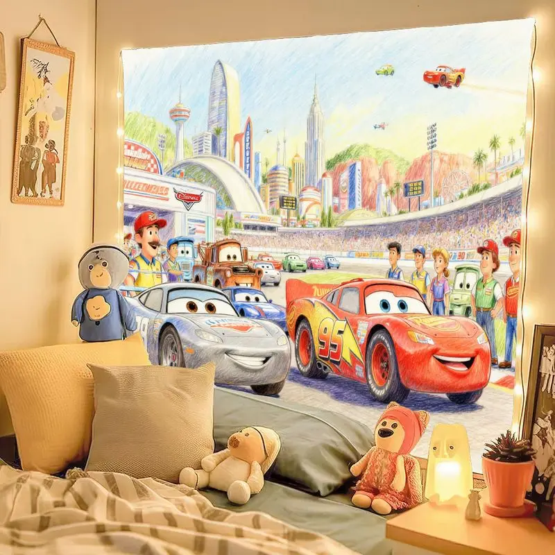 1PC 디즈니 픽사 자동차 라이트닝 맥퀸 & 친구들 레이스 태피스트리, 모던 폴리에스터 벽 예술, 어린이 방 장식, 소년 소녀 선물.