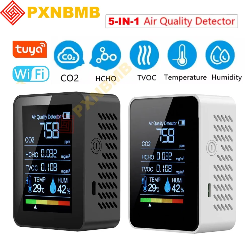 

Air Quality Monitor 5 in 1 Indoor CO2 Detector Formaldehyde HCHO TVOC Tester LCD Temperature Humidity Tester Alarm Meter WIFI