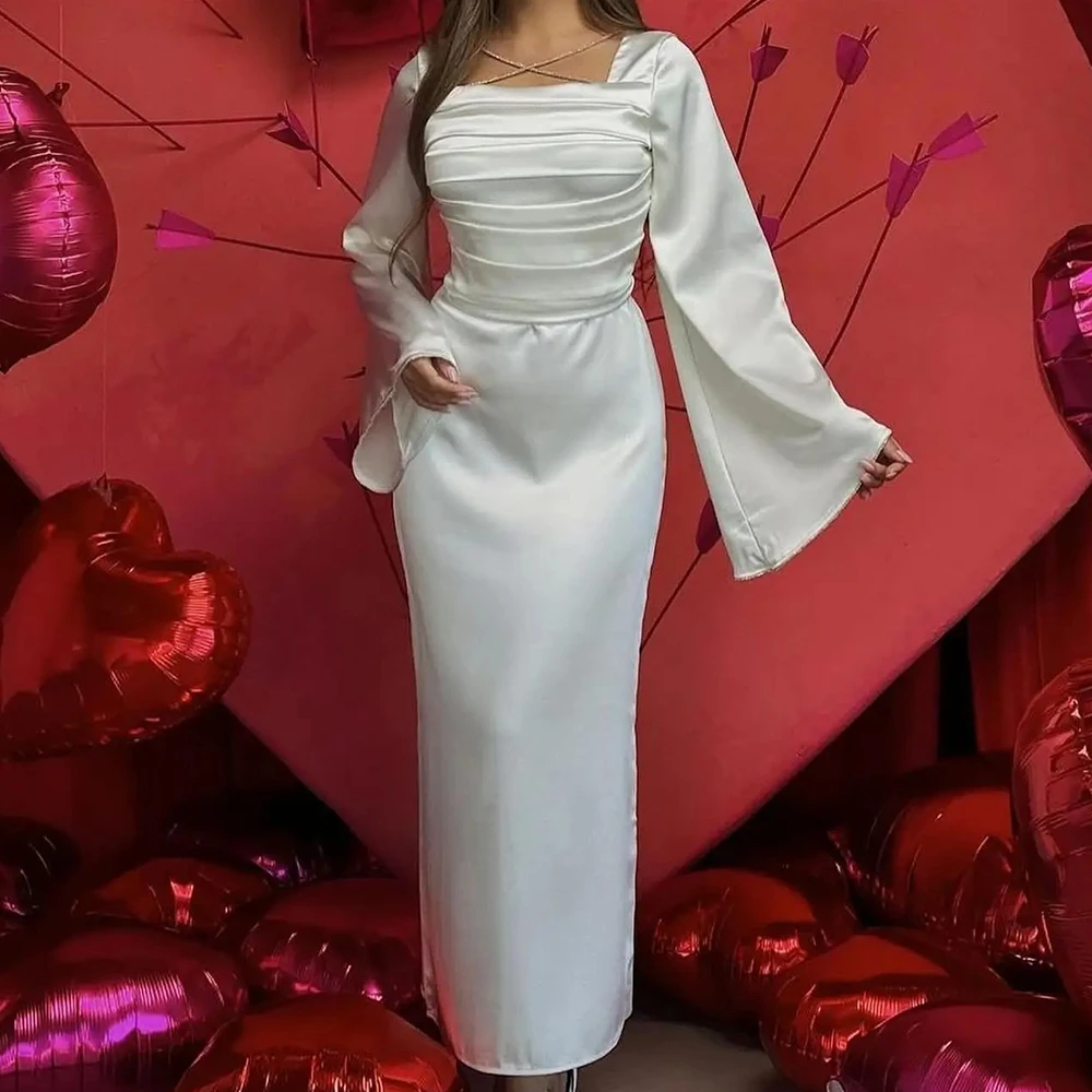 

Straight Square Neck Satin Long Sleeves White Graceful and Fashion Evening Dresses Pleats Crystal Custom Size Saudi Arabia 2024