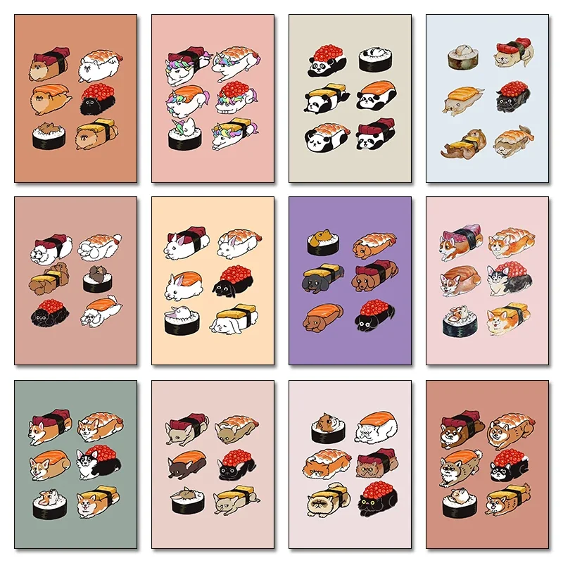 Póster de Sushi japonés con sándwich de animales Gourmet, pintura en lienzo, impresiones, imagen artística, decoración de pared de habitación para el hogar, regalo