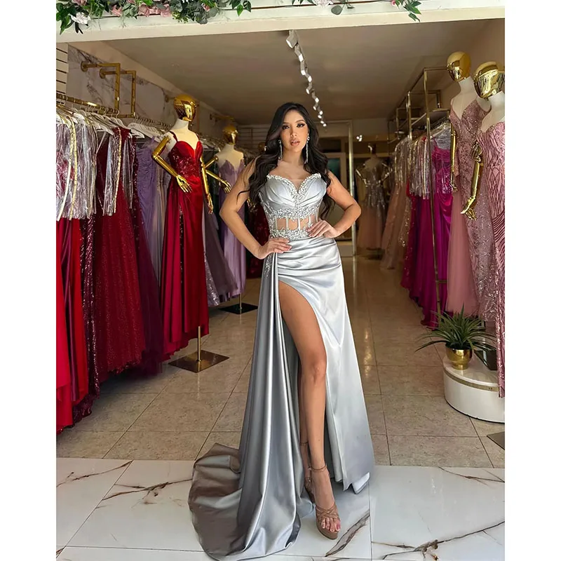 Elegant Silver Prom Dress Spaghetti Illusion Formal Evening Dresses Elegant Thigh Split Dresses for Special Occasions