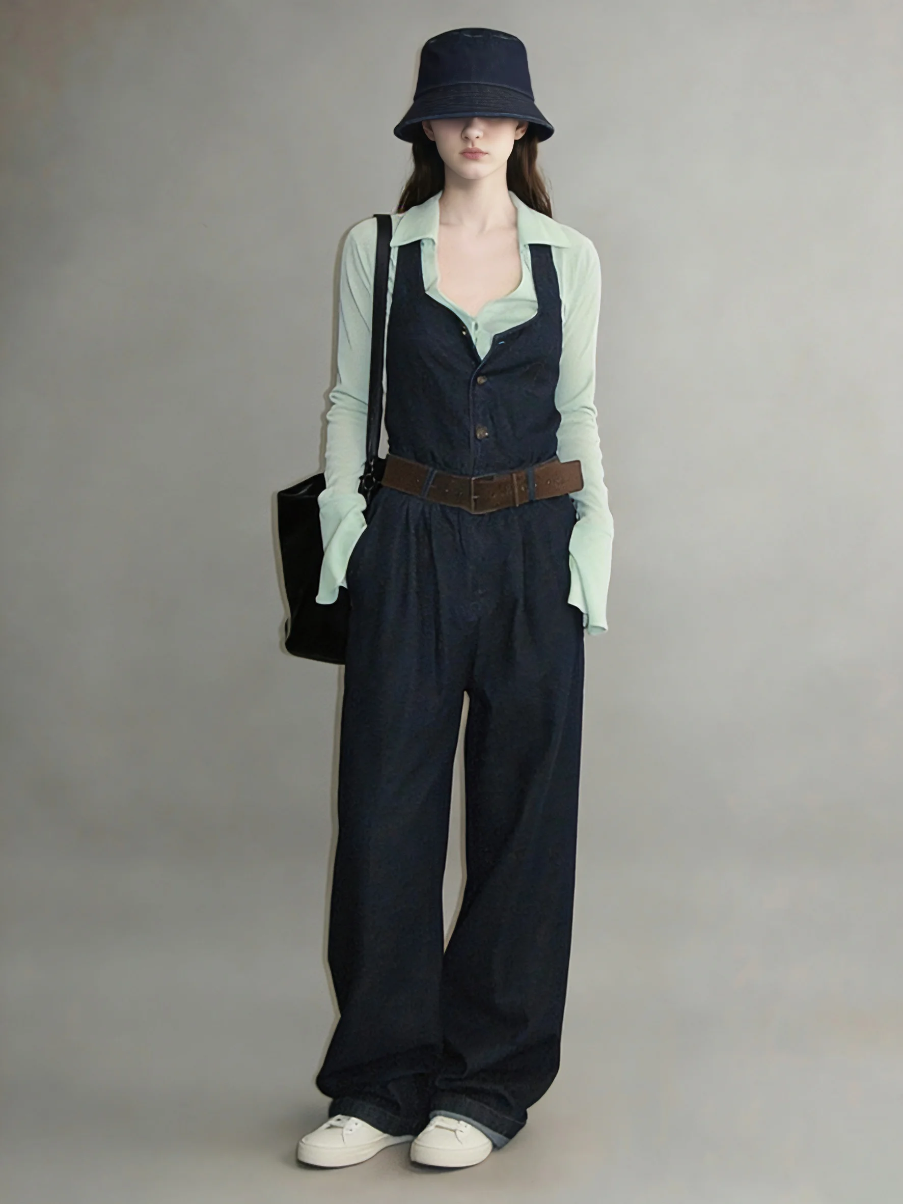 

Spring New een Collar Denim Wide Leg Pants Set Women's Faion Casual Wear High Waist Long Sve irt And Pants Ensemble