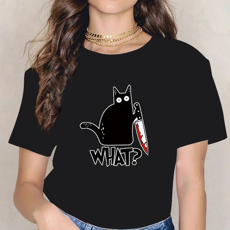 T-Shirts Summer Cool Tee Clothes Street Hip Hop Tops Kitchen Knife Black Cat Wha Print Female Short Sleeve Plus Size Breathable