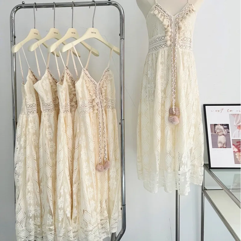 

Ethnic Style Lace Hollow Out Fringe Tassel Maxi Dress Sheer Chiffon Beach Boho Dress Summer Casual Long Dress With Strap