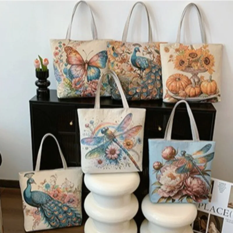 

Vintage Embroidery Canvas Bag Elegant Flowers Tote Bag for Women Girls Large Capacity Shoulder Traveling Pouch Shopping Handbag