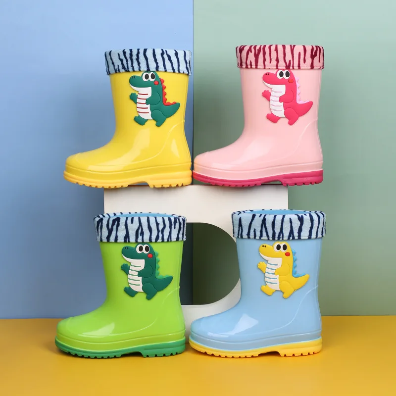 Cartoon Rain Boots for Children PVC Waterproof Boys Girls Rubber Boots Warm Plush Kids Water Shoes Student Non-slip Rain Shoes