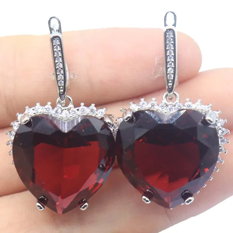 38x23mm 16.5g Big Heart Gemstone London Blue Topaz Raspberry Rhodolite Garnet CZ Women Dating Silver Earrings