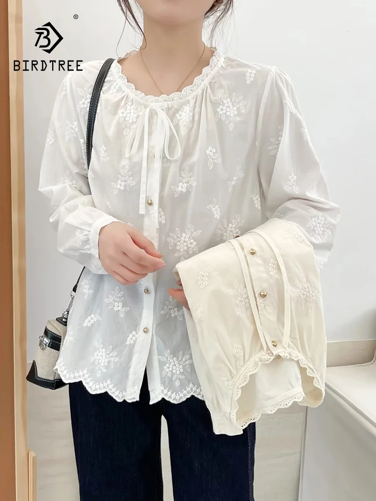 

New 2026 Spring Cotton Long Sleeve Shirt, Women O Neck Embroidery Lace Patchwork, Mori Girl Retro French Loose Blouse T5D919CC