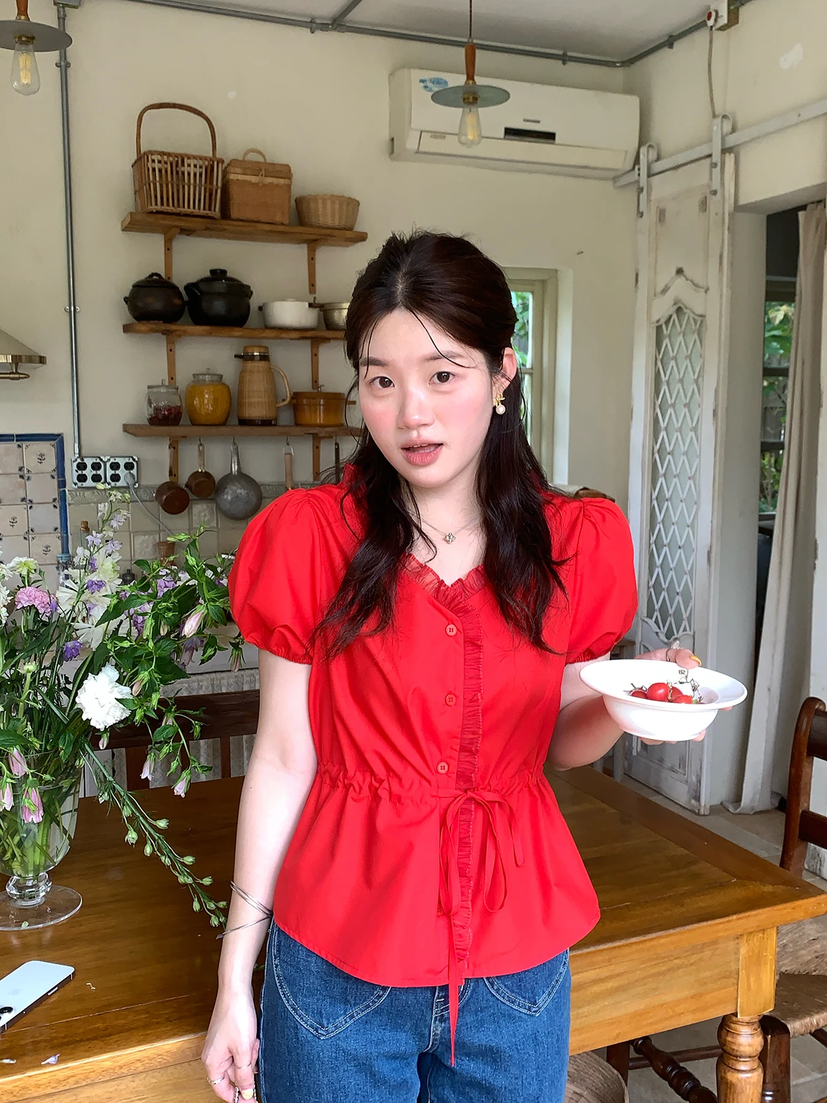 

Hot Summer Korean Sle V-Ne Belted Waist ort Sve Women's irt Wood ain Binding Summer Top for Ladies