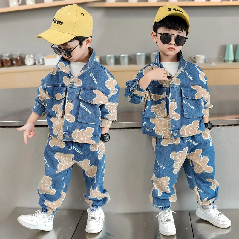 Boys Suits Coat +Pants 2PCS/Sets 2023 Bear Warm Thicken Winter Autumn School Plus Size Children Clothing