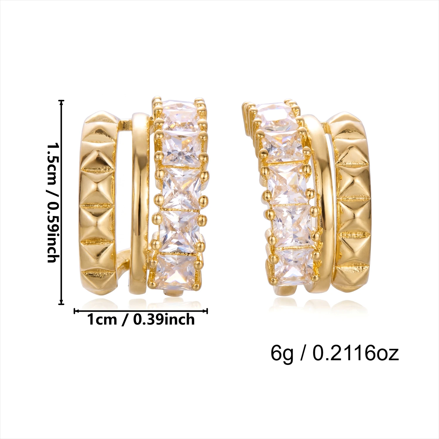 Breite C-förmige Ohrstecker für Damen aus Messing mit Zirkonia, mehrlagig, strukturiert, massiv, für den Alltag, elegant, luxuriöser Schmuck – Detail 5