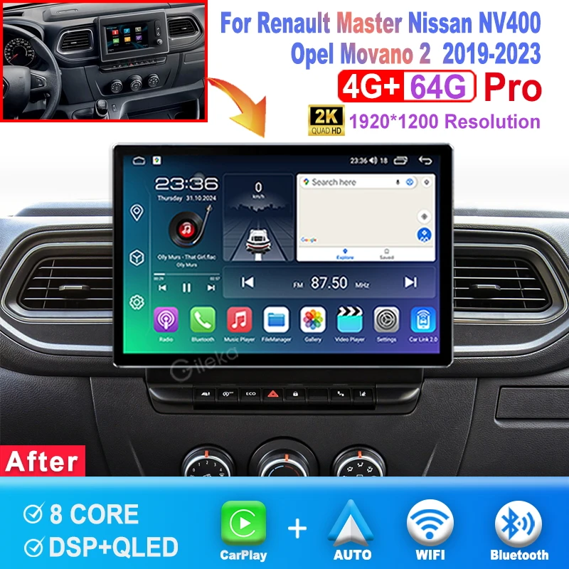 

12,5-дюймовый 2K экран с CarPlay и Android для Renault Master, Nissan NV400, Opel Movano 2 2019-2023, автомобильная магнитола, мультимедийный проигрыватель