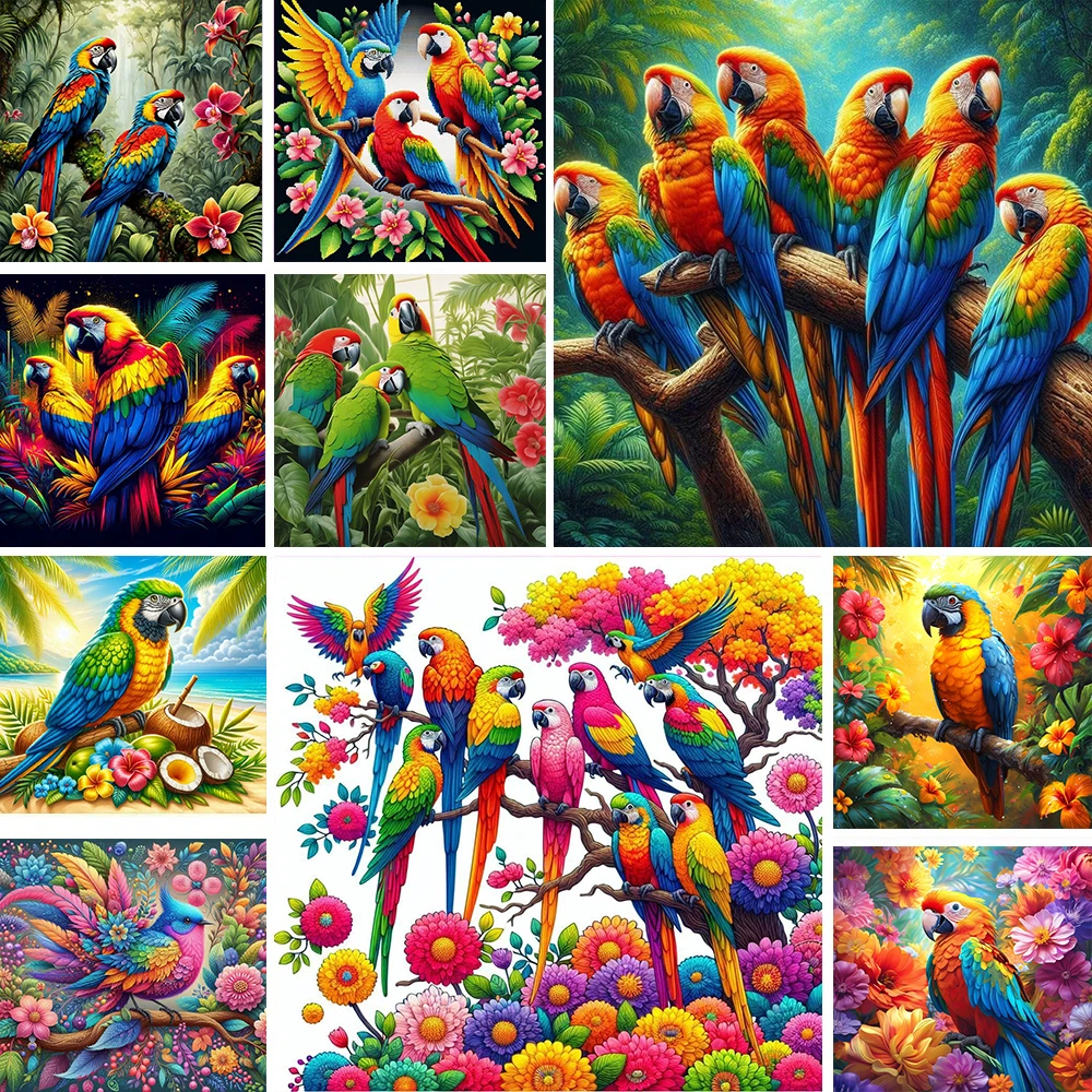 Colorful Parrot On A Branch In The Rainforest 5d Full Circle Diamond Painting Set Diy Macaw Bird Mosaic Embroidery Cross Stitch