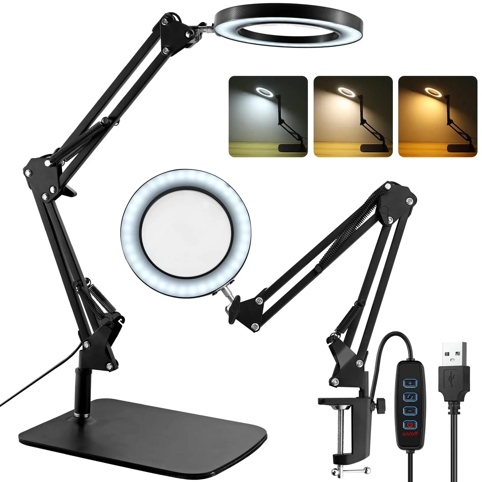 Lampe de bureau LED grossissante 10X, conception à double fixation avec base et pince, 3 températures de couleur, gradation à 10 niveaux, lumière vive pour travaux manuels, broderie, lecture de petits caractères