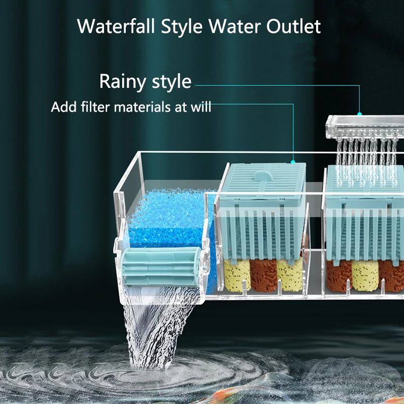 어항 폭포 필터 박스, 벽 마운트 내장 조용한 순환 정수기, 수족관 탱크 박스, 물 펌프 포함, 신제품