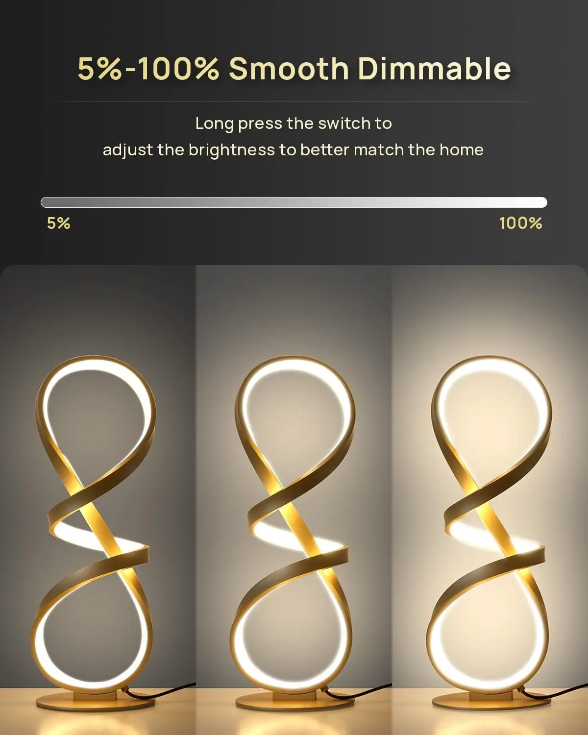 2 Pack LED Touch Dimmable Spiral Table Lamps, 3 Color Temp, Modern Gold Nightstand Lamps for Bedroom, Living Room, Ideal Gift