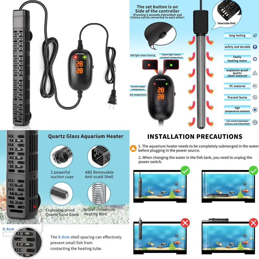 

HiTauing Aquarium Heater, 50W/100W/200W/300W/500W Submersible Fish Tank Heater with Over-Temperature Protection and Automatic Po