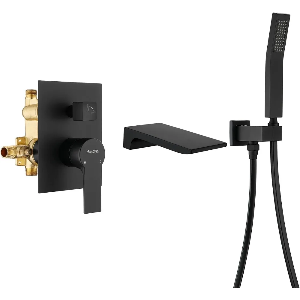 

Modern Brass Single Handle Bathtub Faucet with Hand Shower, Wall Mounted for Contemporary Bathrooms