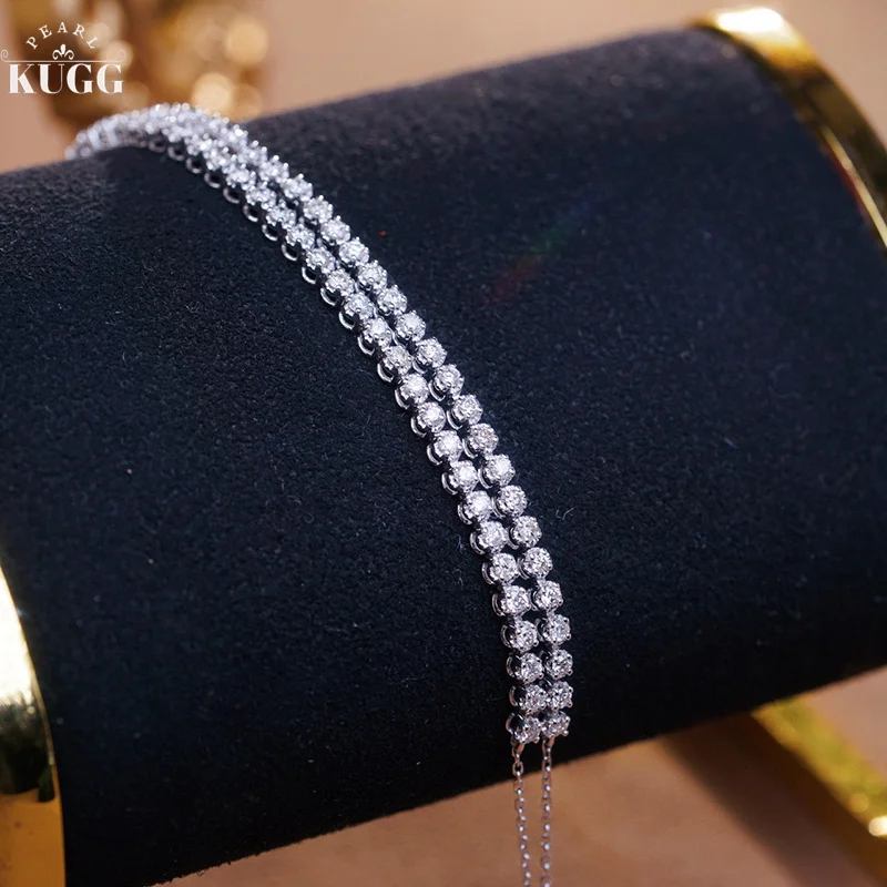 

KUGG 100% 18K White Gold Bracelet Elegant Double Chain Design 1.5carat Real Natural Diamond Bracelet for Women Party Jewelry