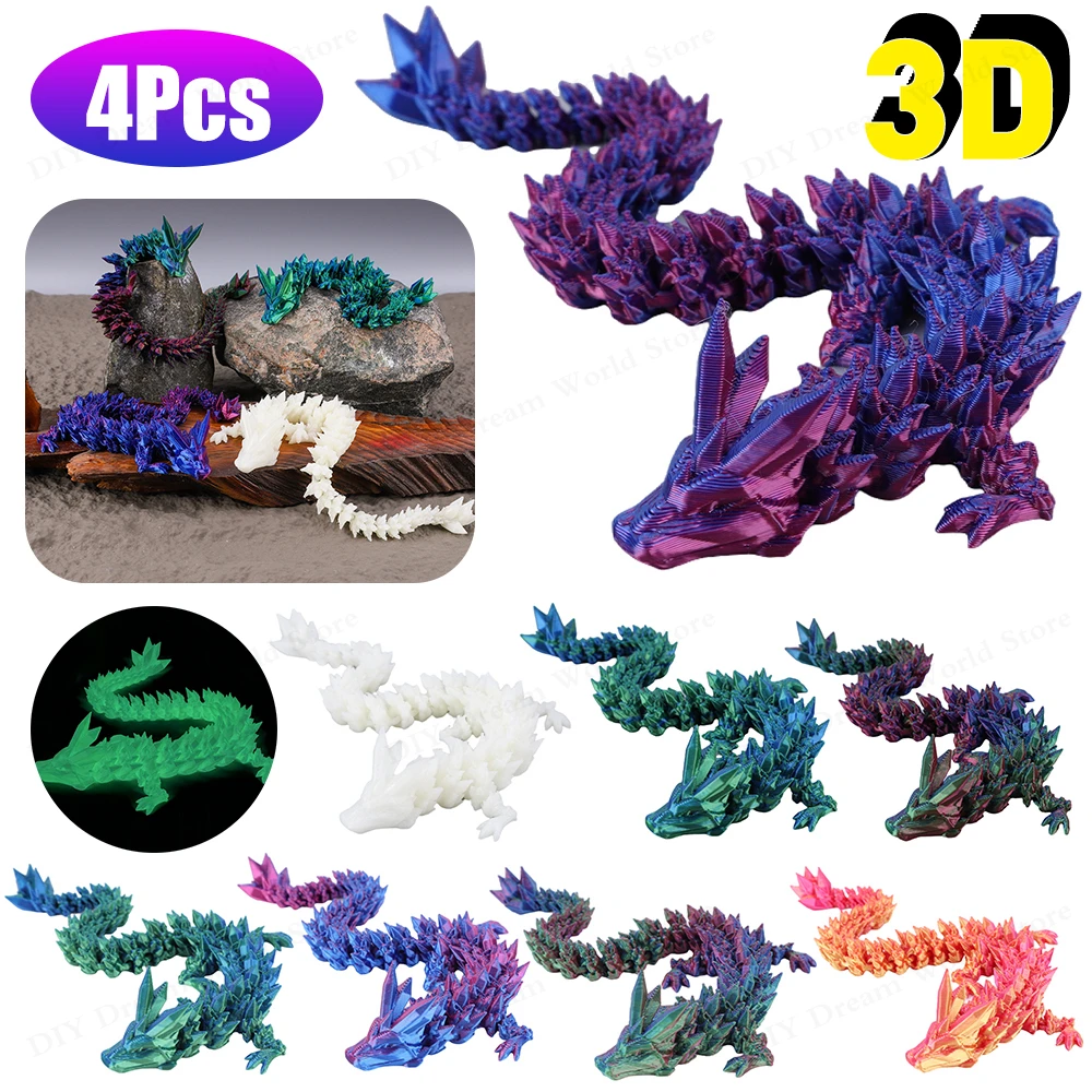 

4PCS 3D Printed Gem Dragon Rotatable Articulated Dragon Crystal Figures Action Toy Desktop Ornament Birthday Gifts for Kids