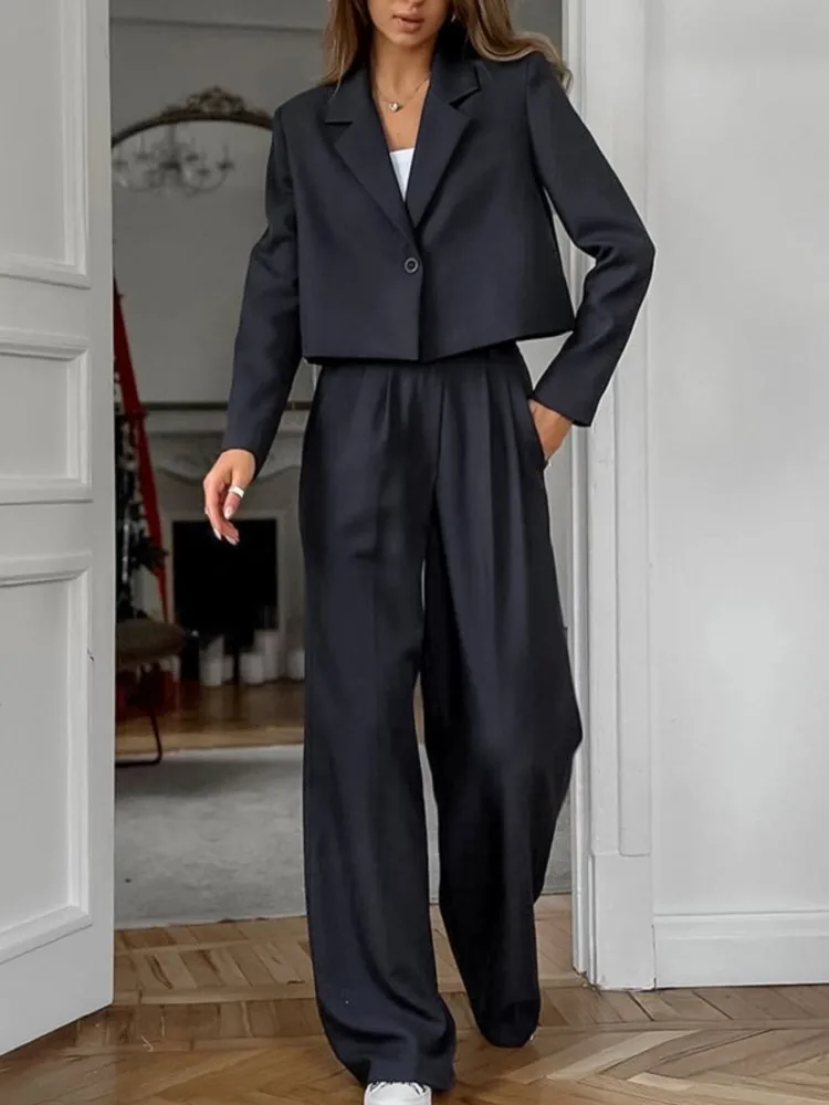 

Autumn New Suit Collar Long-sleeved Top Loose High-waisted Wide-leg Trousers Two-piece Set Women's Solid Color Commuting Suit