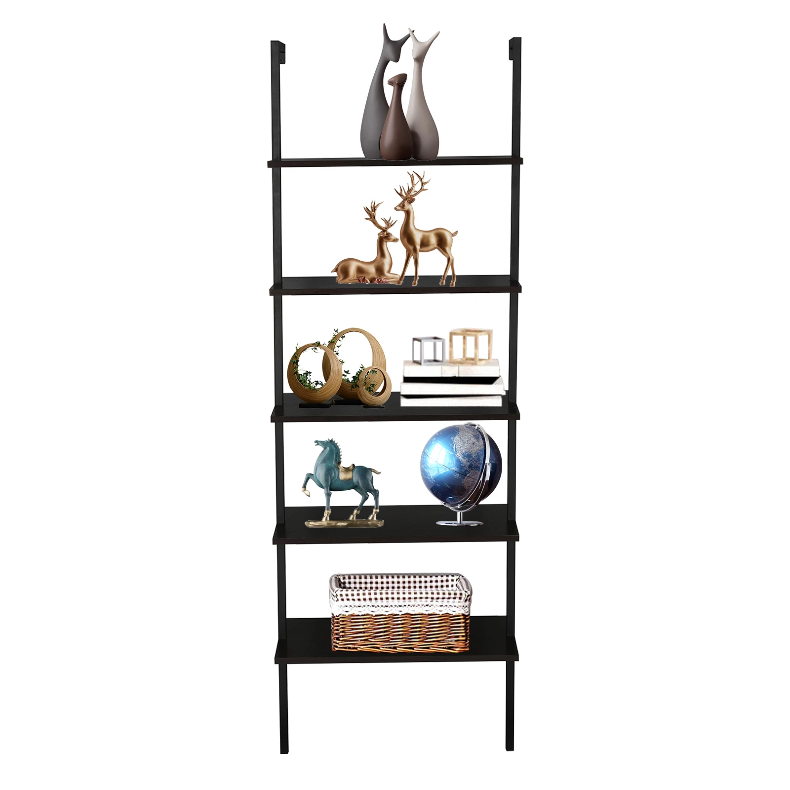 5-layer wall-mounted household steel-wood shelf, density board, iron frame, 61*30.5*182.88cm, black walnut color board, black frame