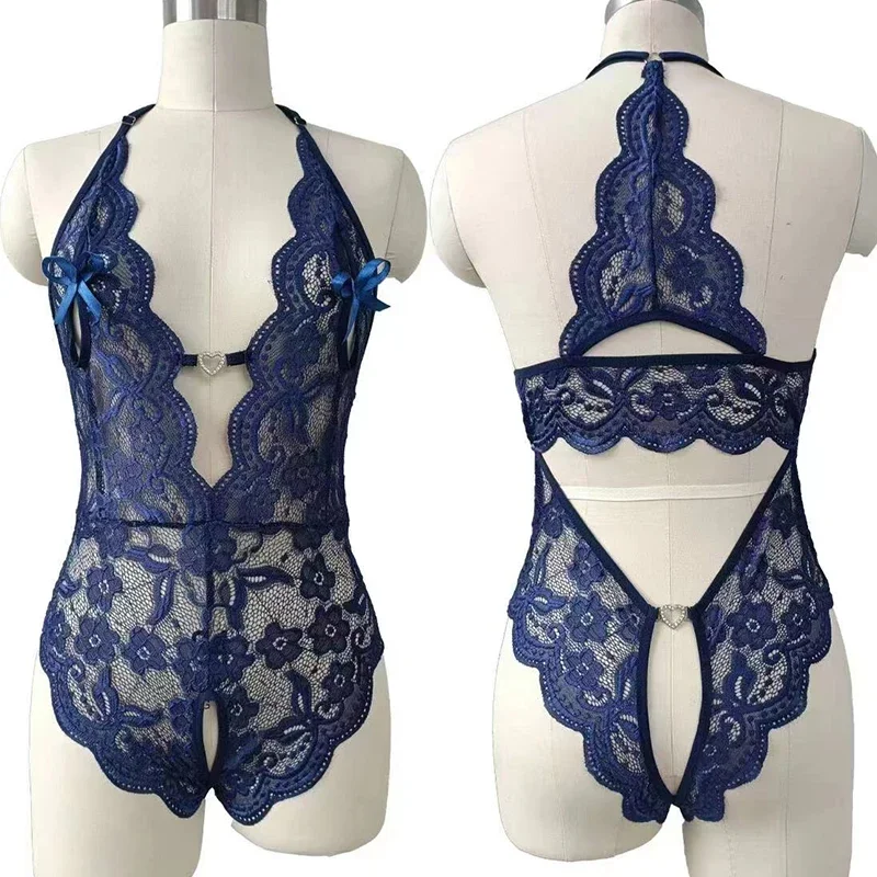 Weinrote erotische Ouvert-Wäsche für Frauen, hohles BH-Set, sexy tiefer V-offener BH, Teddy-Babypuppenkleid, Unterwäsche-Set in Übergröße