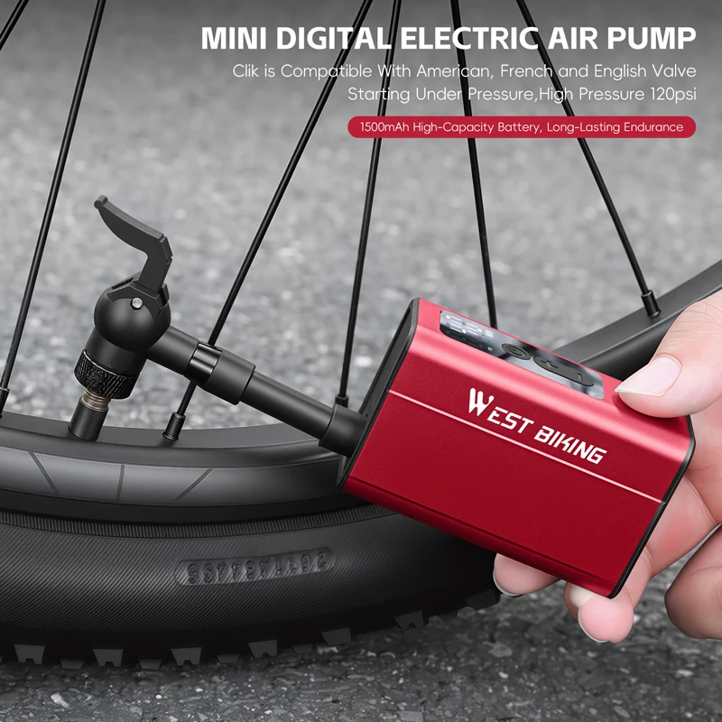 WEST BIKING PRO Elektrische Fahrradpumpe 4-in-1 Klickventil Tragbarer Luftkompressor 120 PSI mit Digitalanzeige für MTB Rennradpumpe