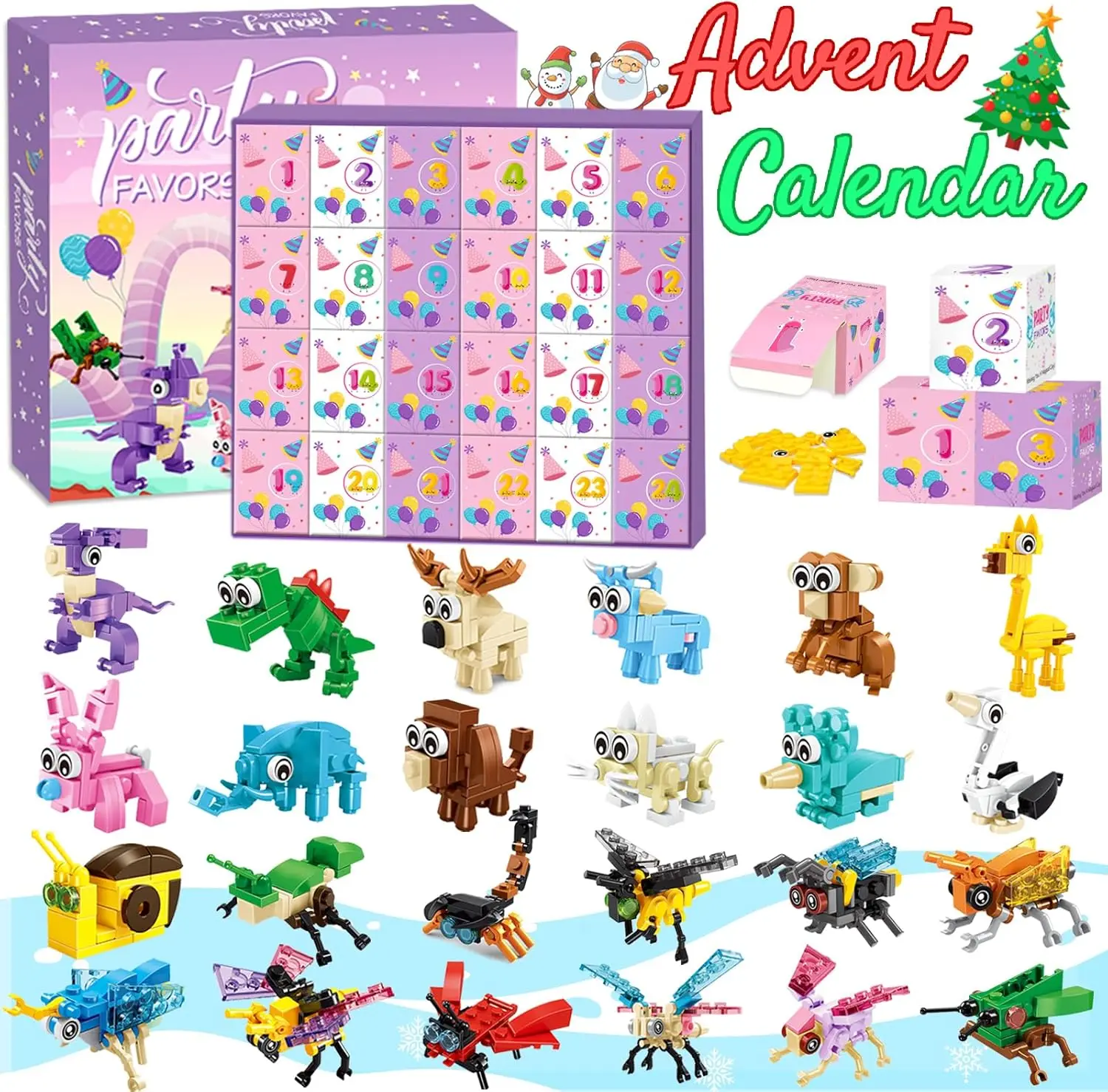 24 Packungen Tierbausteine, Countdown für Weihnachtsfeiern, Weihnachtsgeschenke für Kinder, Jungen und Mädchen im Alter von 4–12 Jahren