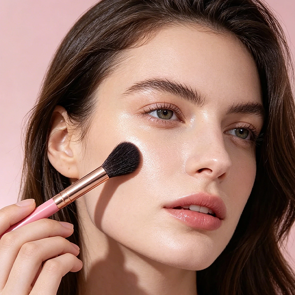 1PCS Professional Highlighter Makeup Brush, Pink Wooden Handle with Rose Gold Ferrule, Soft Fluffy Hair for Seamless Blending view 6