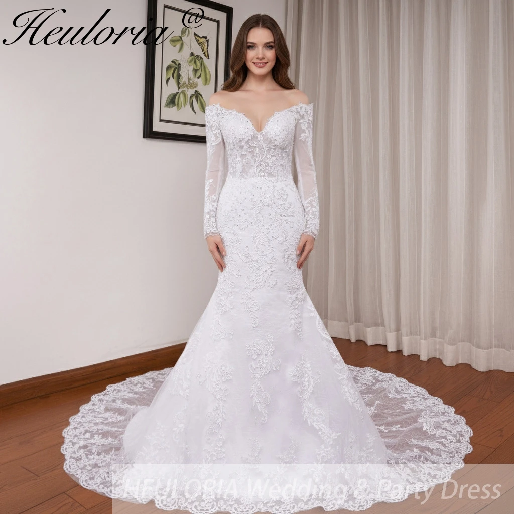 Heuloria elegante Meerjungfrau Brautkleid von der Schulter Langarm Spitze Perlen Braut Kleid Gericht Zug Robe de Mariee Brautkleid