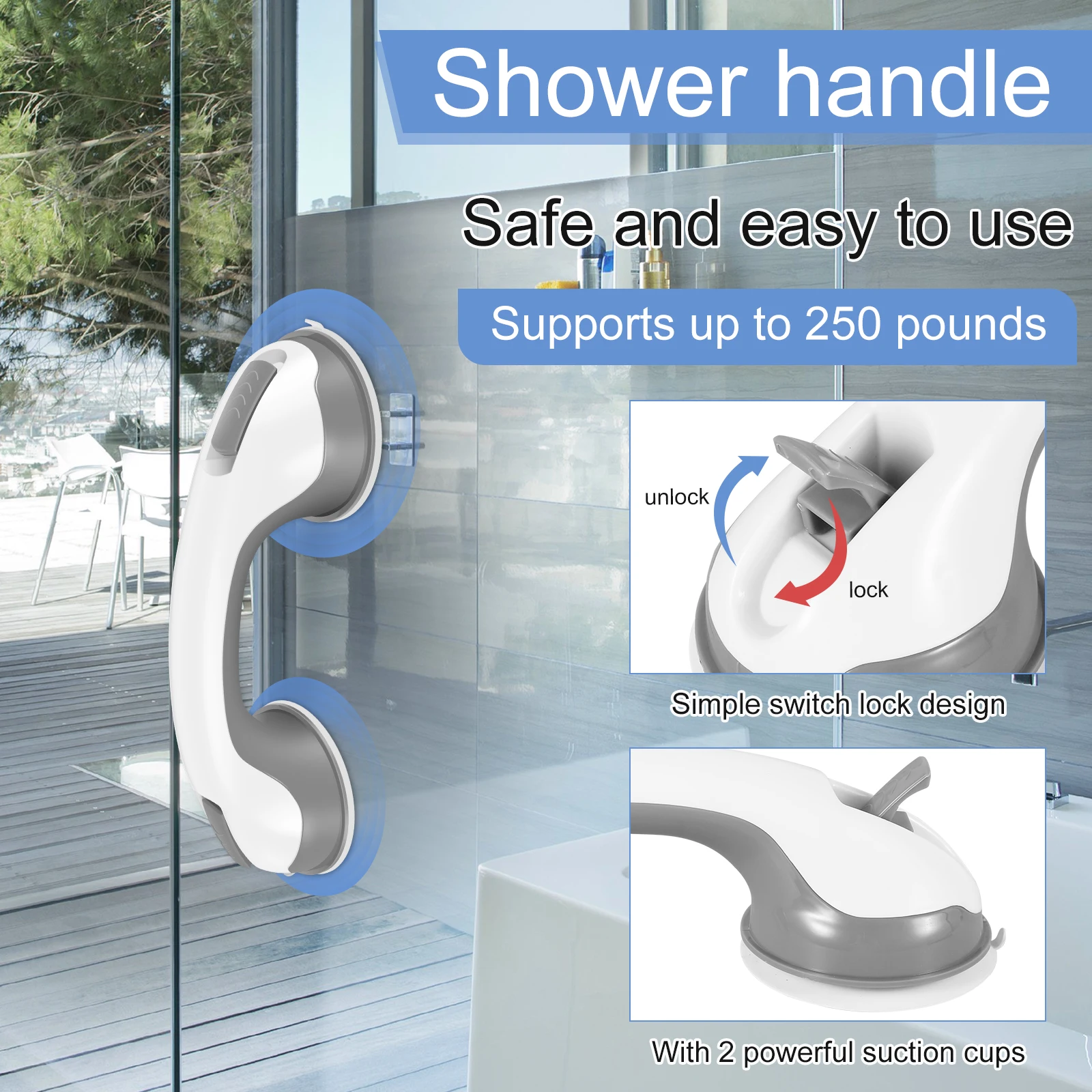 2Pcs Shower Handle Anti-Slip Shower Grab Bar Sturdy Bathtub Safety Handle Strong Hold Suction Cup Bar Handle No Drilling