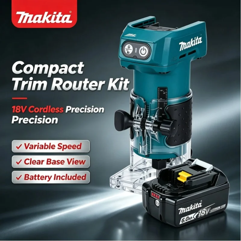 Vielseitige Makita DRT52 18V LXT Akku-Kompaktfräse, hochpräzises Holzbearbeitungswerkzeug mit Lithium-Ionen-Akku für Kantenprofilierung, Rillen und Nutfräsen bei Bauarbeiten, Renovierungen und in