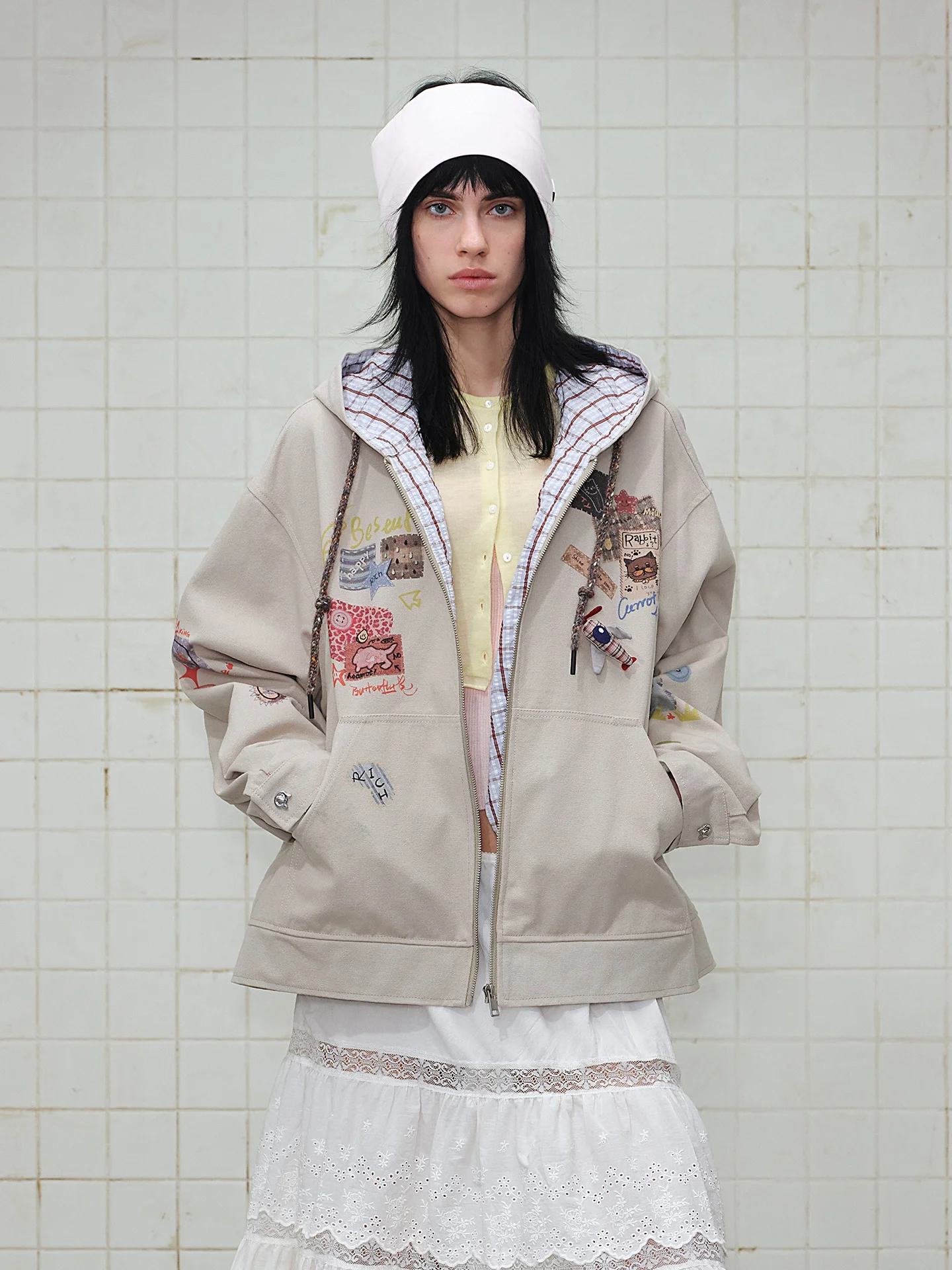 

Retro American Sle Plaid Splicing Hoodie Jaet fiti Print Spring College Sle Couple Matching Cotton Jaet