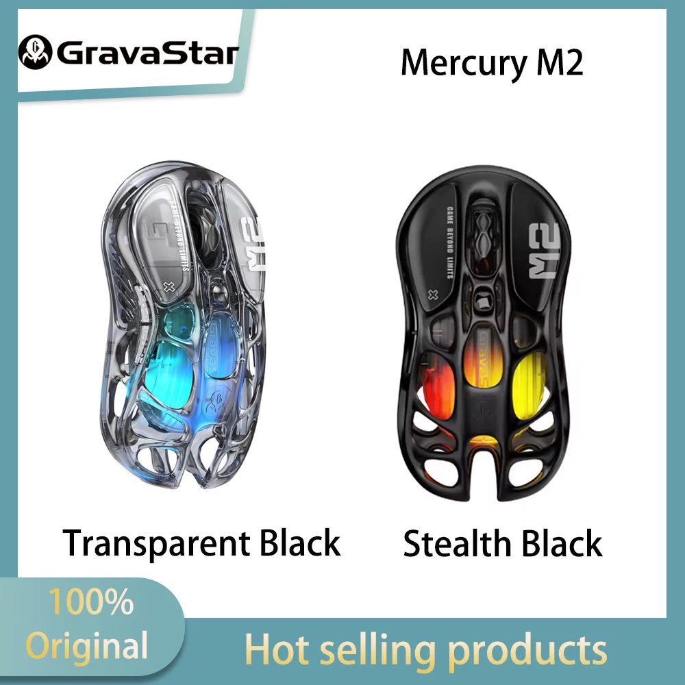 GravaStar Mercury M2 Stealth Black/Transparent Black Mouse Wireless game E-sports hollow out lightweight RGB light effect mouse