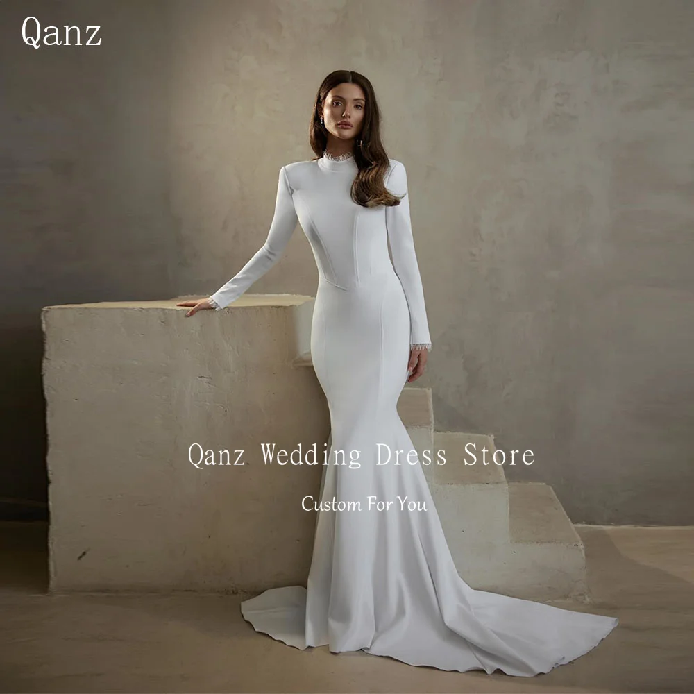 

Винтажные свадебные платья Qanz из атласа, фасон «русалка», с длинными рукавами, кружевом и высоким воротом, Vestido De Novia Boda Civil, свадебные платья с кружевом, на заказ