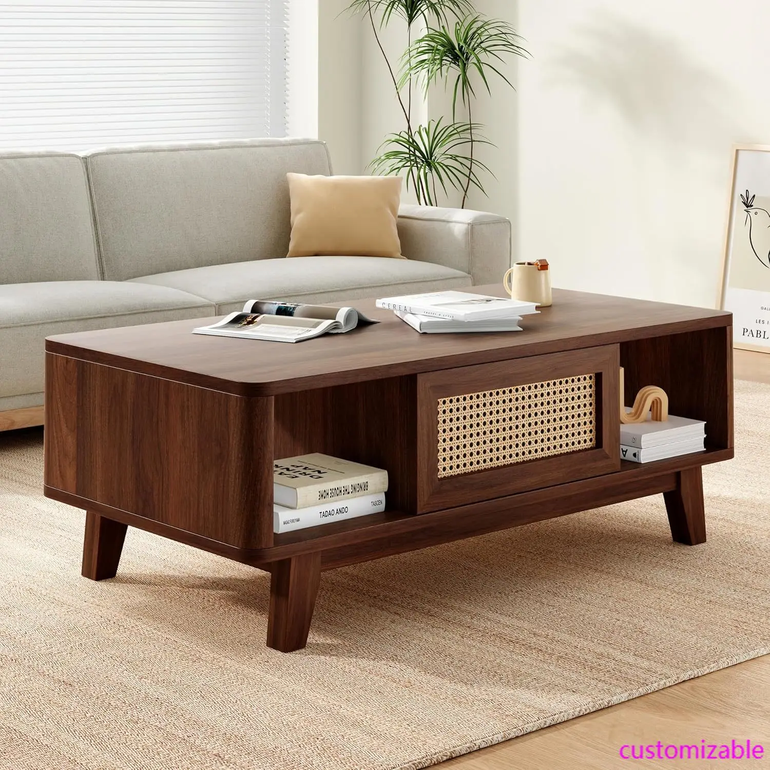

Coffee Table, Mid Century Modern Coffee Table with Rattan Drawer, Woven Wooden Coffee Table Support Up to 110 LBS