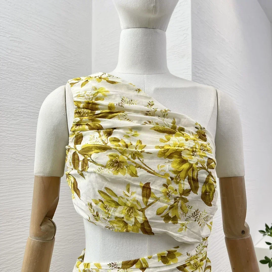 20204 Wit Geel Bloemenprint Mouwloos Asymmetrische Schouder Uitgesneden Taille Onregelmatige Zoom Zomer Maxi-jurk