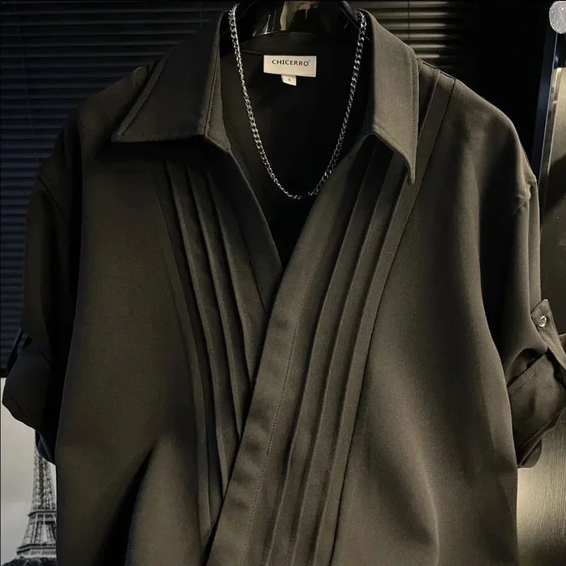Fashion Men Lapel Cross‑Over Shirt Pleated Detail Roll‑Up Sleeve Loose Draped Casual Summer Blouse