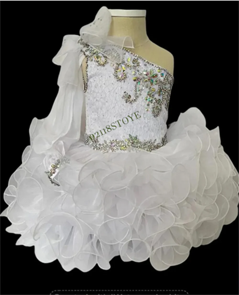 White Cupcake Pageant Dress Toddler Glitz Pageant Dress Beading Crystals One Shoulder Kids Prom Party Gown