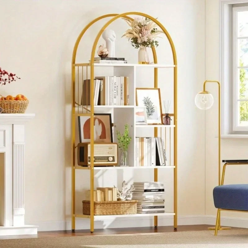 5 Tier Gold Arched  Tall Standing Bookshelf Bookcase Storage Display Rack Shelves for Bedroom, Living Room, Home Office