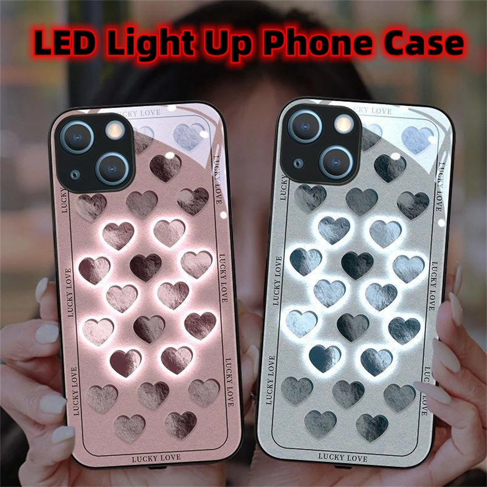 

2025 Lover Heart Design LED Light Glow Luminous Tempered Glass Phone Case For iPhone 16 E 15 14 13 12 11 Pro Max XR XS Plus